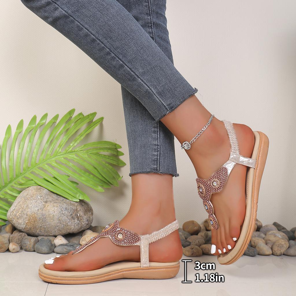 Women Beaded Roman Sandals Flat Toe Post Shoes Soft Sole Summer Vacation Beach Walking Footwear for Casual Walking and City Travel