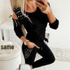 Европейский и американский осенний костюм с круглым вырезом и длинными рукавами, отделанный бисером - сексуальный и однотонный