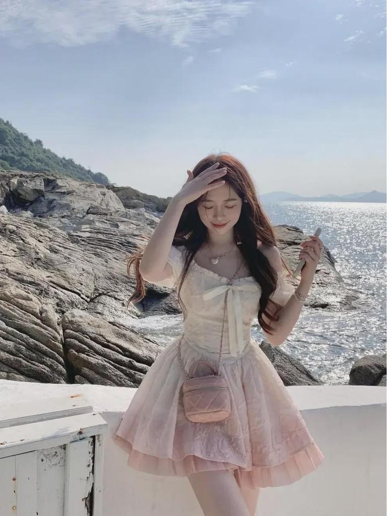 2025 Sweet Gradient Princess Puffy Dress - French Summer Style, Slim Waist