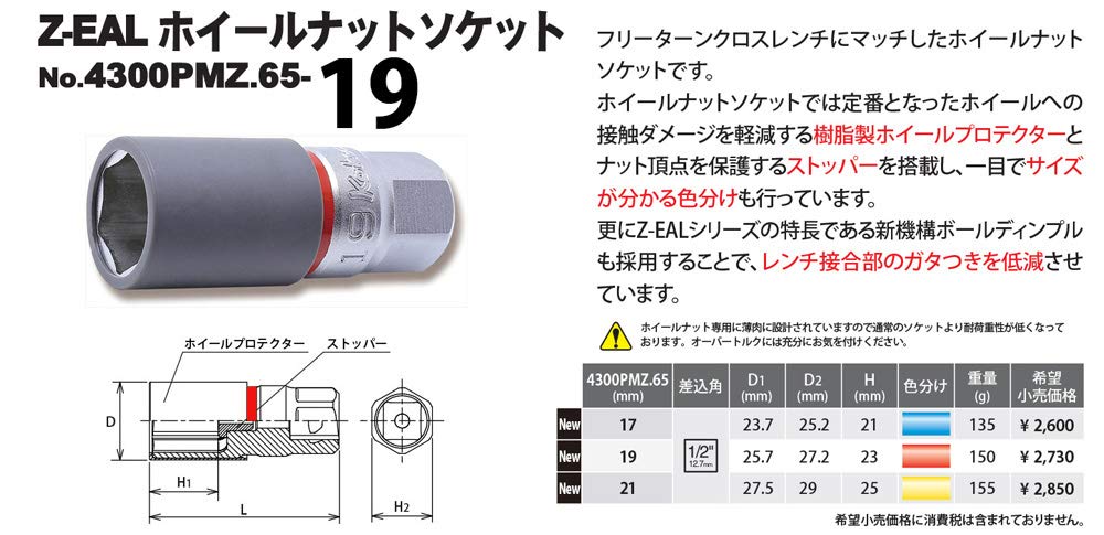 Головка Koken для гаек колес квадратная с 19 мм 4300PMZ.65-19 Z-EAL 1/2" (12.7mm) Защитник,