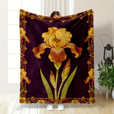 A Golden Iris Floral Motif with Ornate Borders On a Dark Purple Background. for All Seasons Blanket Lunch Break Throw Gift