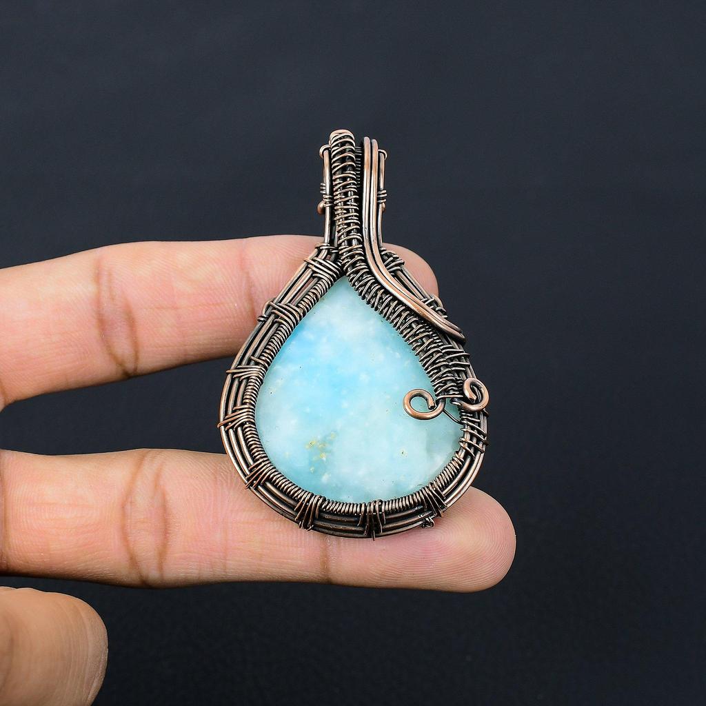 Beautiful Hemimorphite Gemstone Pure Copper Wire Wrapped Handmade Pendant Jewelry