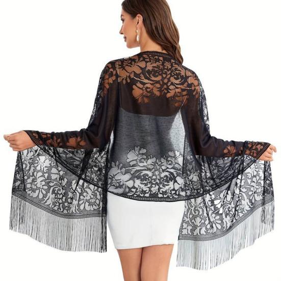Женская накидка с ажурной вышивкой цветочным узором, летняя накидка с бахромой, защита от УФ, для шеи и плеч
