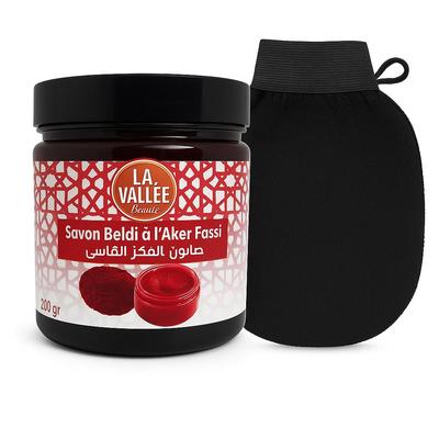 Традиционное марокканское акер фасси Черное мыло (Бельди) 200 г с отшелушивающей перчаткой Кесса – Натуральный набор для ухода за кожей Хаммам