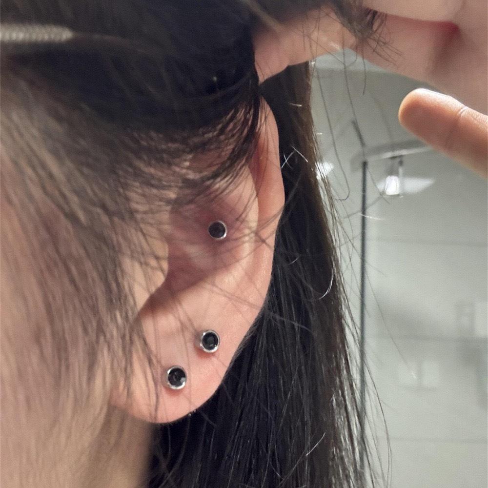 Black agate stud earrings women's S silver retro minimalist niche high-end light luxury earbone studs cochlear studs earrings earrings