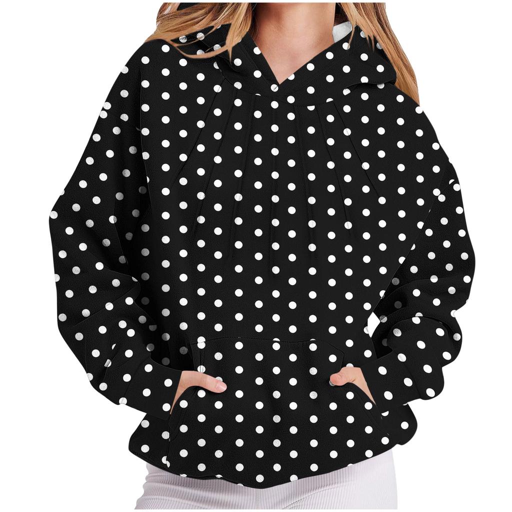 Women's Pleated Polka Dot Long Sleeve Hooded Sweatshirt