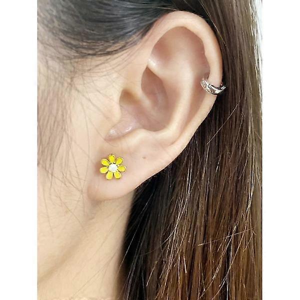 18G Cute Daisy Flower Stud Cartilage Earrings for Women Girls 14K Gold Plated Stainless Steel Enameled Fine Screw Back