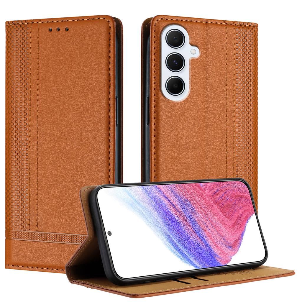 For Samsung Galaxy M56 5G Case L-Shaped Grid Pattern Leather Stand Phone Cover with Card Slots