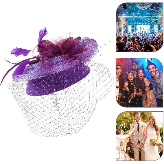 VALICLUD Bridal Hair Accessories Fascinator Headwear Vintage Purple Mesh Flower Mini Hat Wedding Headpiece for Women Special Occasion Banquet