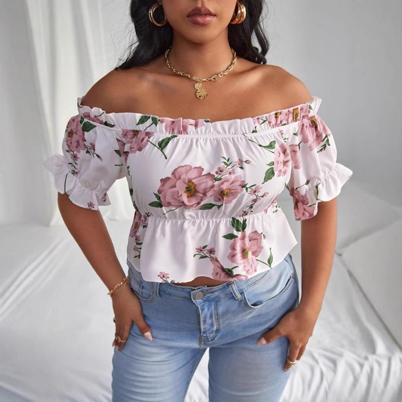 Плюс Размер Женский Сексуальный Воротник Одной Линии Темперамент Цветочный Короткий Рукав Короткий Топ