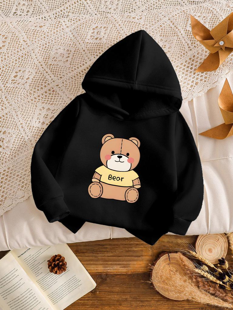 Trendy & Cute Bear-Print Boys' Fleece-Lined Hoodie – Stylish, Comfortable, and Versatile for Autumn & Winter (Outdoor-Ready)