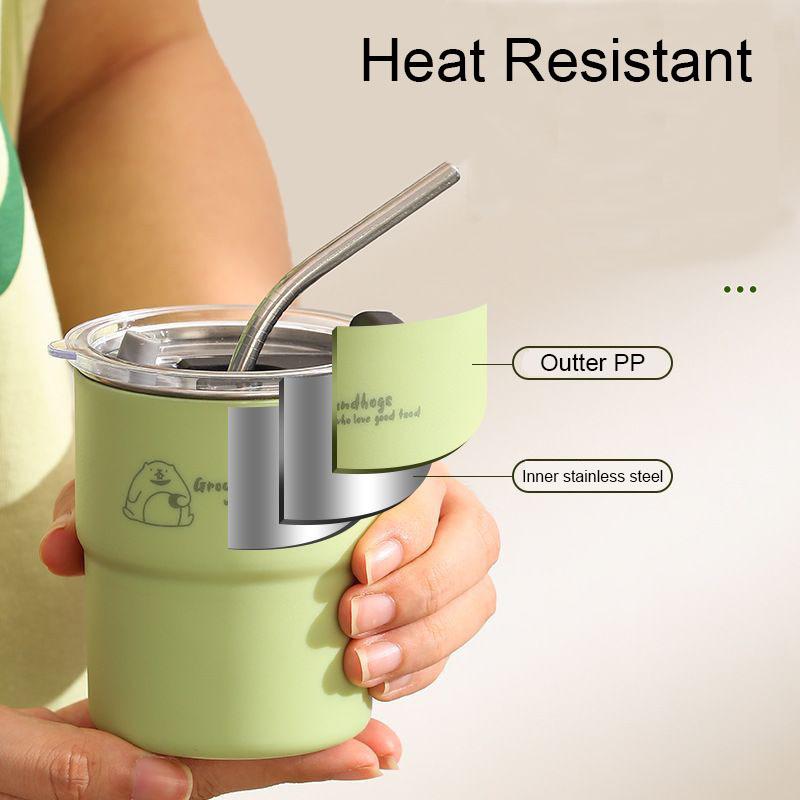 300ml Drinking Cup With Straw Portable Stainless Steel Coffee Cups Mug With Lid Heat Resistant Tea Cup Tumbler Travel Mug
