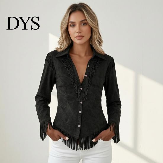 Western Cowgirl Shirt Women Tassel for Autumn, Button Down Slim Fit Fringe Blouse, Solid Color Casual Long Sleeve Top, Outfit Breathable Polyester
