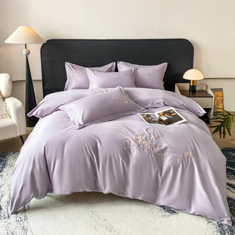 Легкая роскошь Высококлассный Класс А Чистый хлопок Комплект из четырех предметов для кровати Вышивка Приятный для кожи Дышащий Удобный Простыня Пододеяльник Наволочка