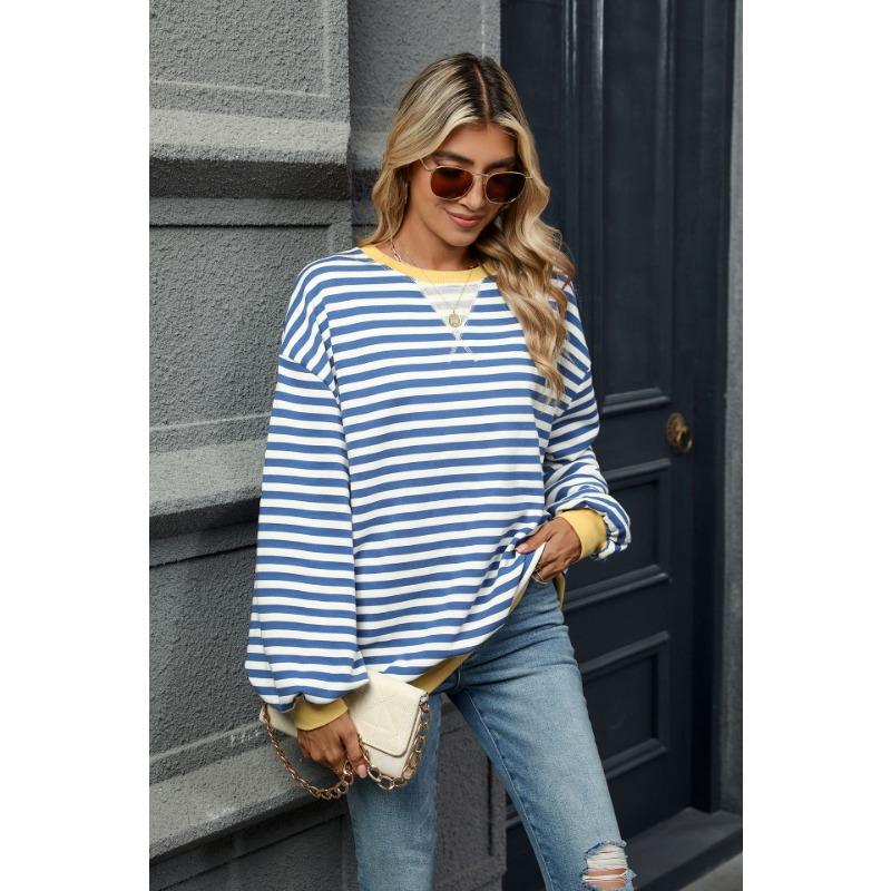 Осенне-зимняя женская толстовка с круглым вырезом и длинными рукавами в полоску, с яркими цветовыми сочетаниями