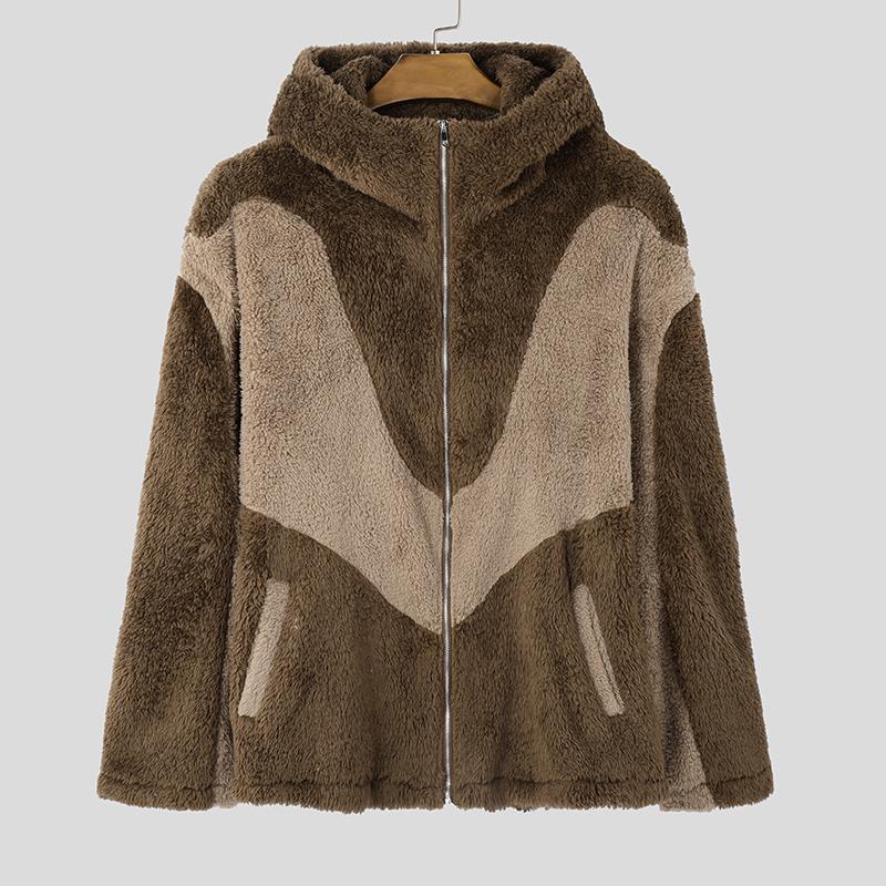 INCERUN Мужские толстовки с длинным рукавом и молнией с мехом, повседневные толстовки с высоким воротом в стиле пэчворк