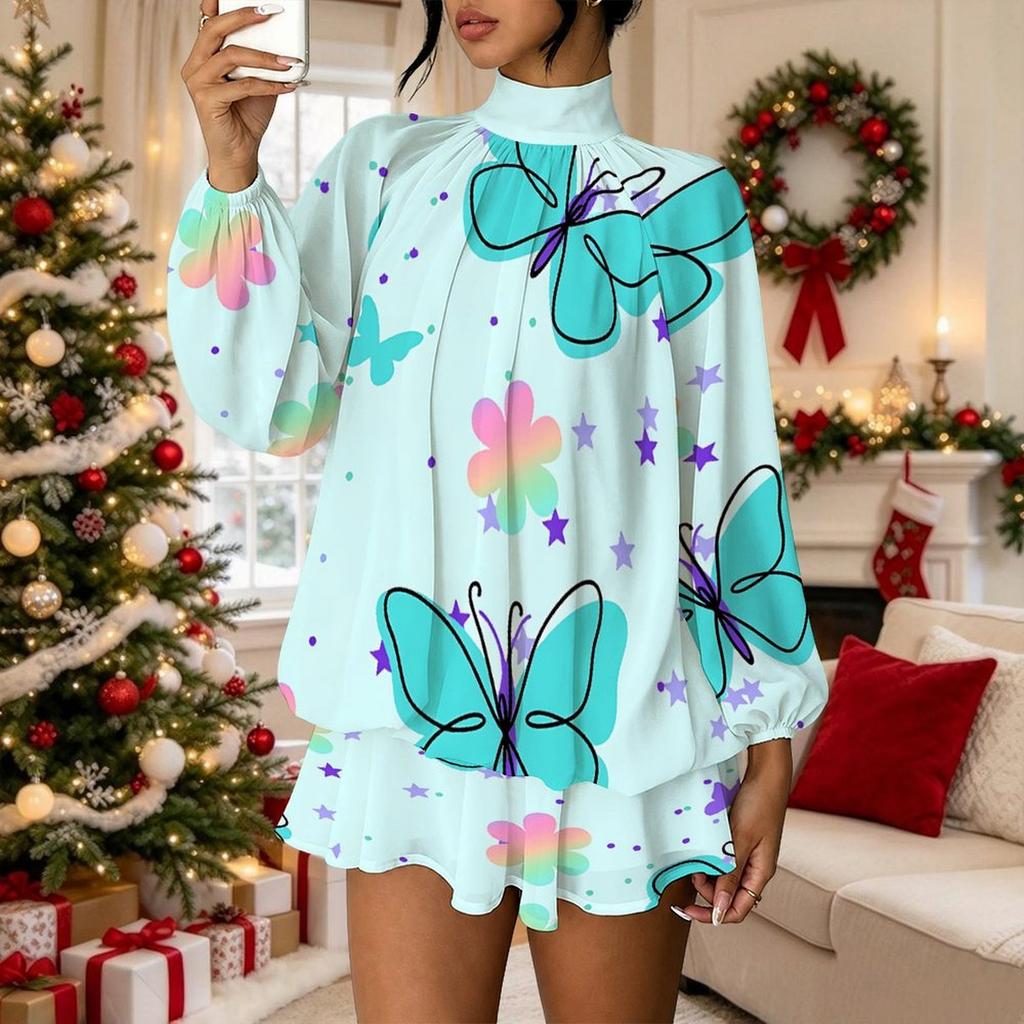 Women's 3D Butterfly Print Mock Neck Long Sleeve Dress, Raglan Sleeve Fake Two Piece Mini Dress