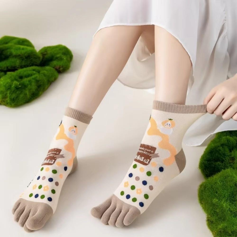 Cotton Five Fingers Women Socks Cartoon Medium Tube Socks Kawaii Split Toe Socks For Yoga Sports