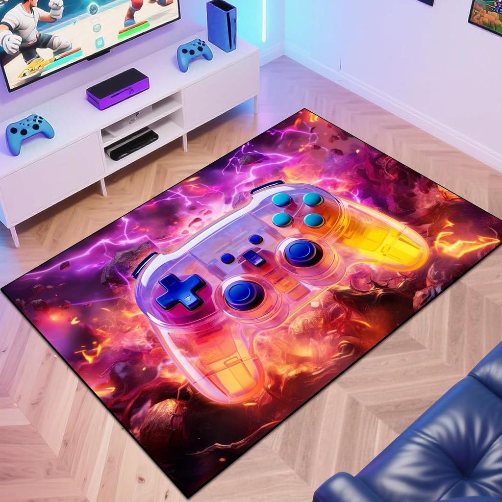 Gaming Area Rug Teen Boys Carpet, Colorful Gamepad Background Game Controller Design for Game Room Bedroom Playroom, Living Room