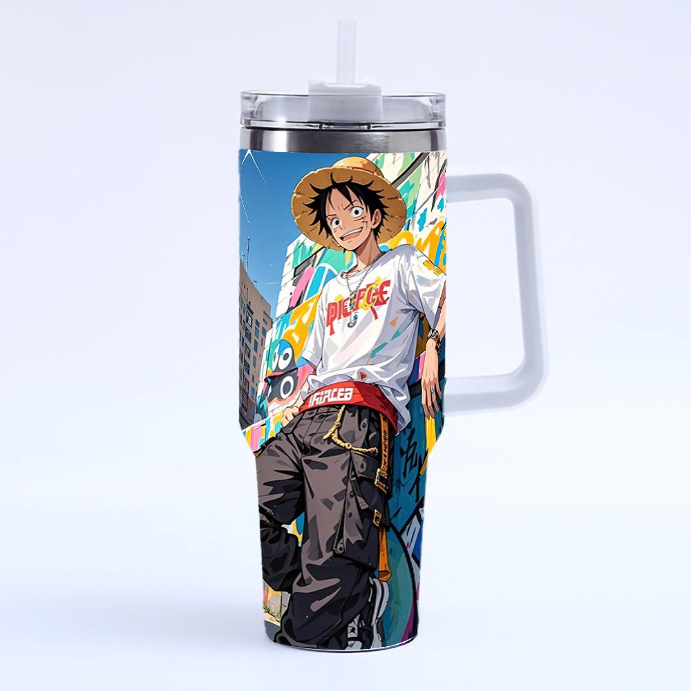 Stainless Steel ONE PIECE Luffy Cartoon 40oz Car Thermos Cup Handle Bingba Cup