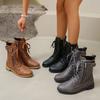 2024 Autumn/Winter Plus Size Casual Chunky Heel Martin Boots - Round Toe Lace-Up Short Boots