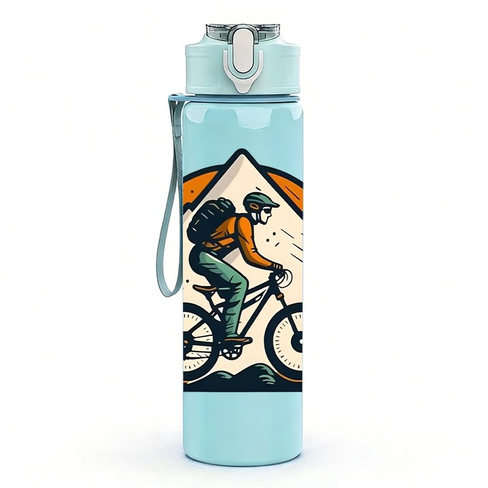 1PC Mountain Biker Hiking Outdoor Print 750ml Color Plastic Sports Water Bottle Leakproof Flip Straw Lid Suitable for Sports Office Home Use