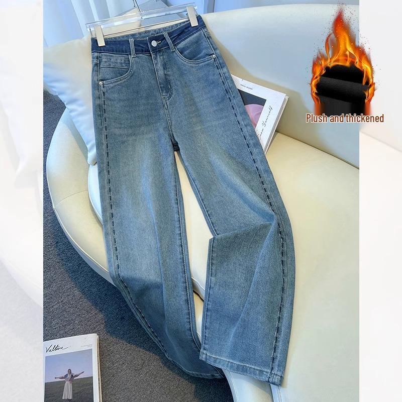 Женские джинсы палаццо премиум-класса серого цвета на флисовой подкладке - Осень/Зима 2024 Вышитые с высокой посадкой Свободного кроя