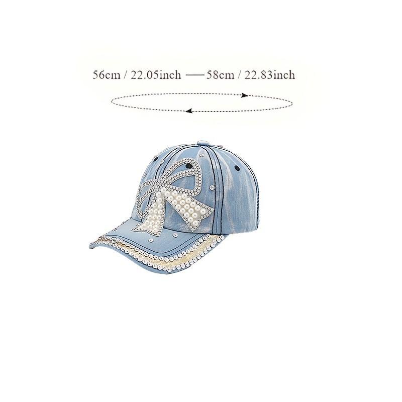 Pearl Rhinestone Embellished Baseball Cap Women Flat Top Wide Brim Cotton-Linen Blend Hat In Grey Light Blue Navy