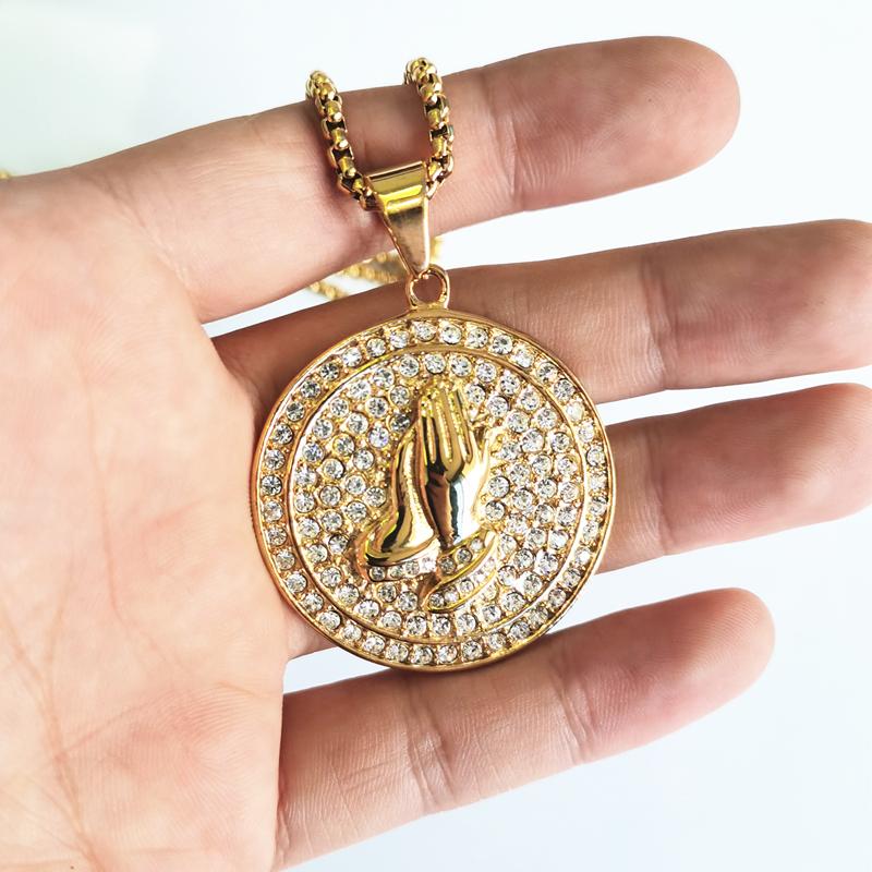 Hip Hop Praying Hands Full Rhinestone Pendant Necklace Charm for Men Women Gifts Gold Color Stainless Steel Jewelry Dropshipping