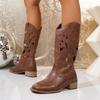 Brown Vintage Western Cowgirl Cutout Mid-Calf Retro Embroidered Chunky Heel Boots for Women.