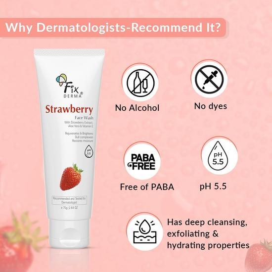 Fixderma Strawberry Face Wash с витамином Е и экстрактом клубники, | Очищающее средство для жирной кожи (Для всех типов кожи) | Средство для умывания для женщин и мужчин - 75 г