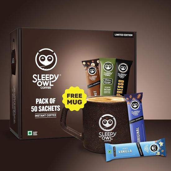 Подарочный набор растворимого кофе Sleepy Owl | 50 кофейных пакетиков + бесплатная кружка | Ассорти вкусов: Оригинальный, Французская ваниль, Фундук, Экспрессо и Фильтр Каапи