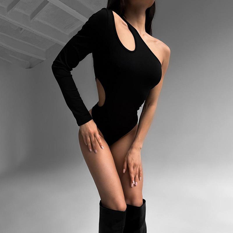 European and American Fashion Sexy Hollow Out Single Shoulder Sleeve Slim Fit Spicy Girl Exposed Waist Bottom Top Autumn and Winter Jumpsuit