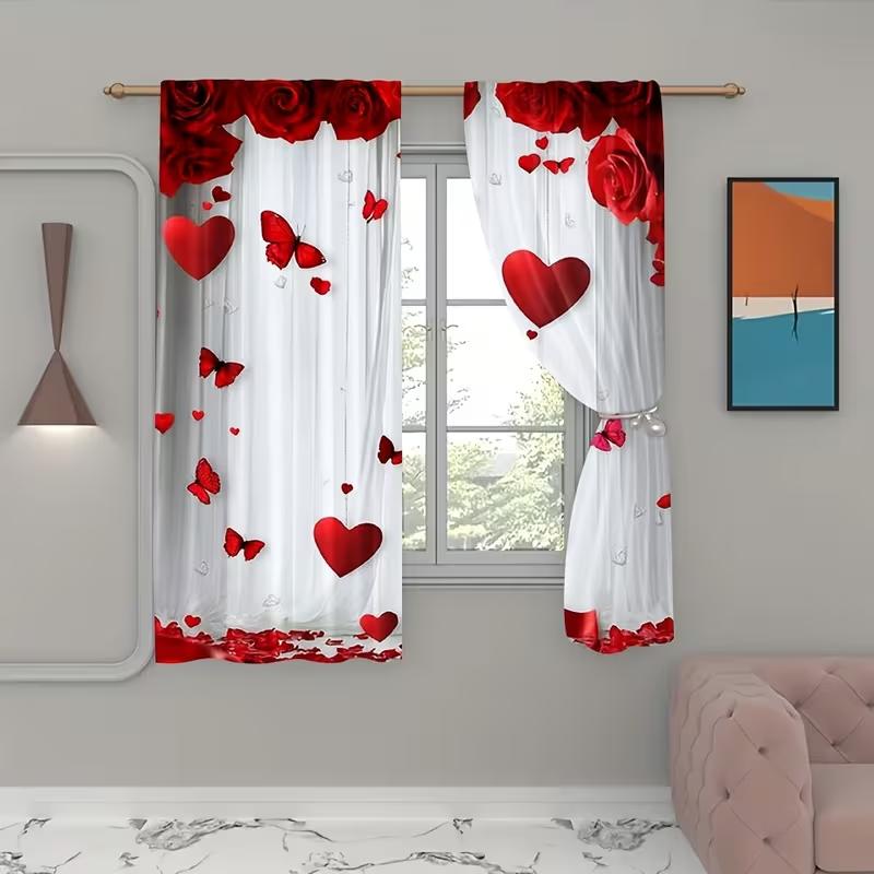 2PC Red Rose Heart Butterfly Sheer Curtains Romantic Valentine Print Light Filtering Drapes Sweet Home Decor for Bedrooms