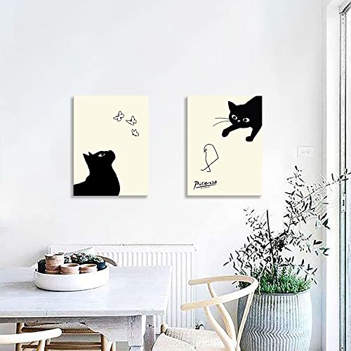 Picasso Cat and Chick Paintings, Set of 2, Art Panel, Cat Catching a Bird, Art Panel, Art Frame, Modern Poster, Decorative Painting, Canvas, Decorativ