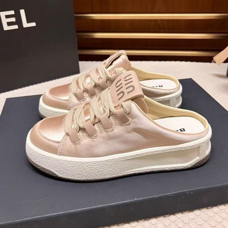 Премиальные полутапочки на толстой подошве, женская верхняя одежда, весна-лето 2025, новые универсальные спортивные туфли из атласа со шнуровкой