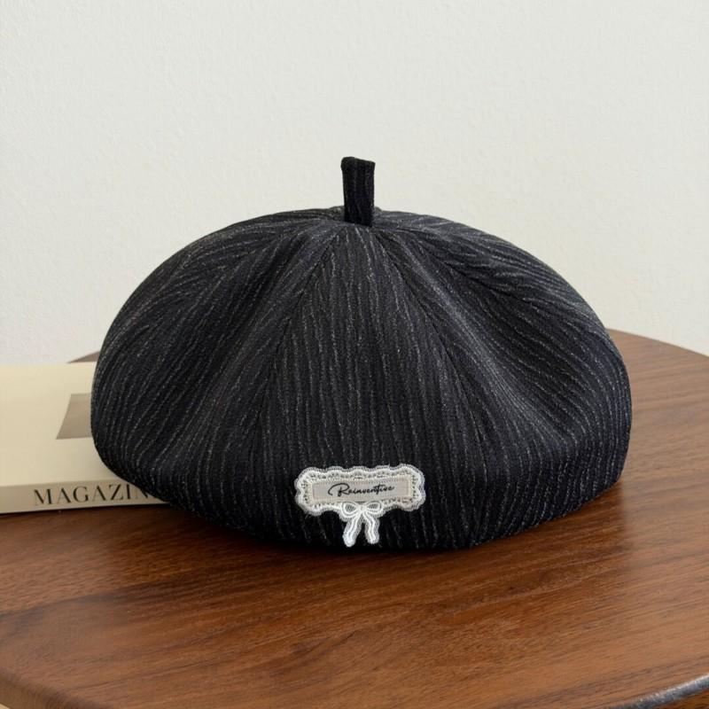 Womens Cotton Beret Hat With Bow Detail Foldable Adjustable Beanie Winter Slimming Face Shape Enhancer