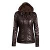 MakeWishes Plus Size S-7XL Women Leather PU Hooded Zipper Motorcycle Biker Jacket Coats Autumn Winter Warm Coat