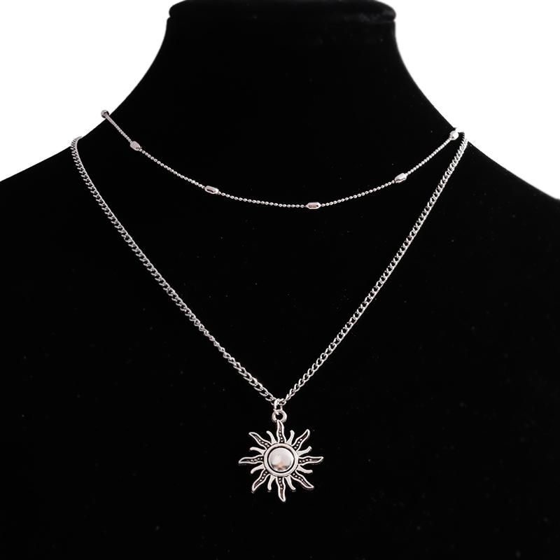 Винтажные серебристые подвески-солнце, ожерелья для женщин, корейский простой стиль, многослойная цепочка с бусинами, модные украшения для вечеринок