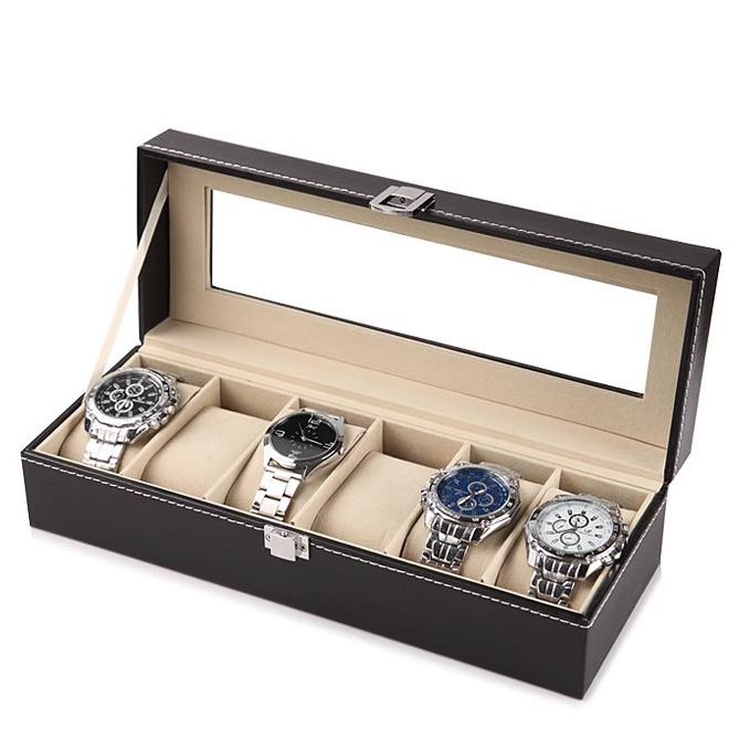 6 слотов из искусственной кожи, коробка для часов, органайзер, витрина, держатель для мужчин и женщин, стеклянное хранилище ювелирных изделий, черный подарок