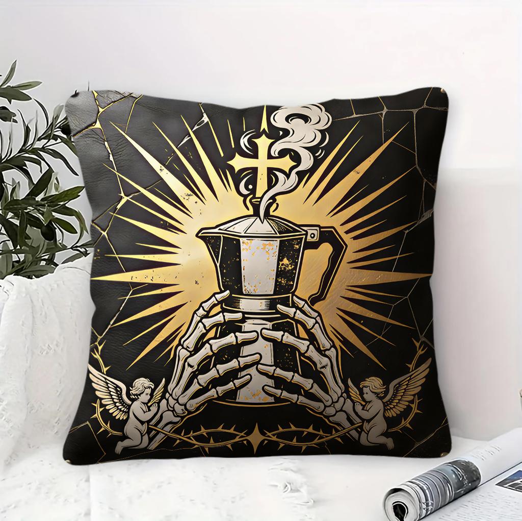 Sacred Coffee Square Cushion Golden Sunburst Angel Hands Holding Coffee Cup Print Throw Pillow With Pillow Inserts Home Decor