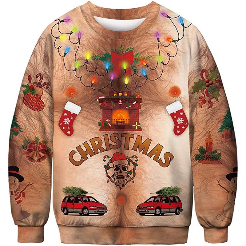 Women Men Funny Chest Hair Print Ugly Christmas Sweaters Jumpers Couple Autumn New Year Eve Holiday Party Xmas Sweatshirt Ropa