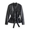 Womens PU Leather Jacket Stand Collar Single Breasted Slim Fit Belted Fall Winter Fashion Casual Top