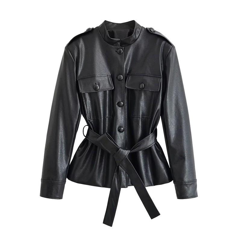 Womens PU Leather Jacket Stand Collar Single Breasted Slim Fit Belted Fall Winter Fashion Casual Top