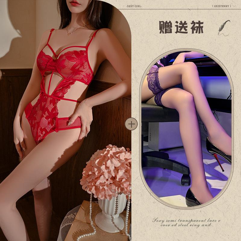 Hollow and thin sexy underwear sexy onesie temptation strap perspective lace free purple