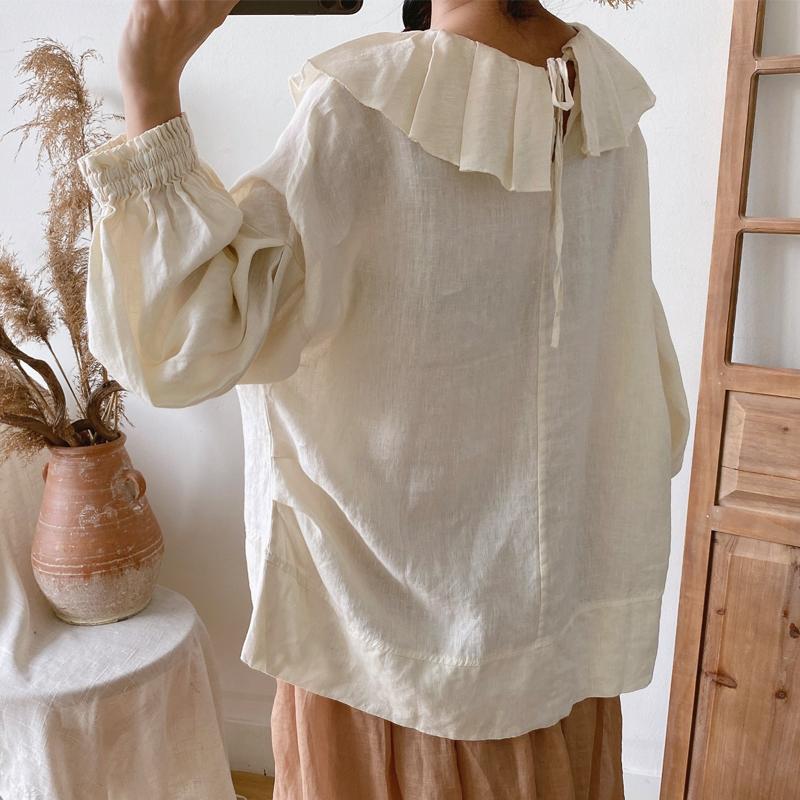 Johnature Простые винтажные льняные женские однотонные рубашки с оборками на воротнике, весенне-осенние свободные универсальные женские блузки
