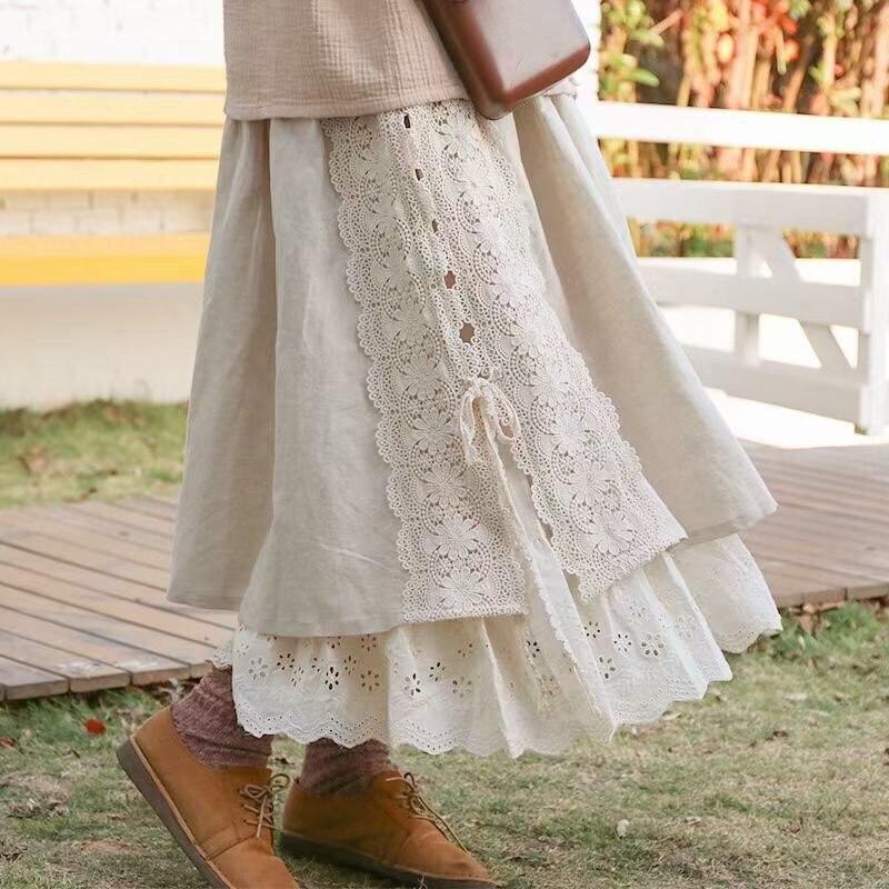 Johnature Vintage Mori Cotton Linen Patchwork Lace Skirts Spring All Match Elastic Waist Japanese A-Linen Women Skirts