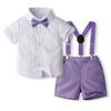 Boy Gentleman Outfit Vertical Stripe Print Short Sleeves Shirt with Bow Tie and Suspender Shorts Set for Formal Wear