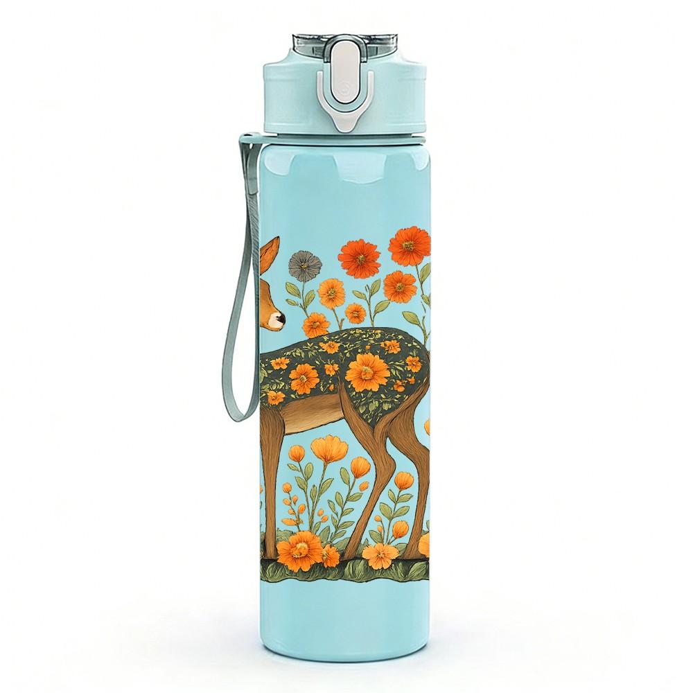1PC Floral Deer Illustration 750ml Color Plastic Sports Water Bottle Leakproof Flip Straw Lid Suitable for Sports Office Home Use