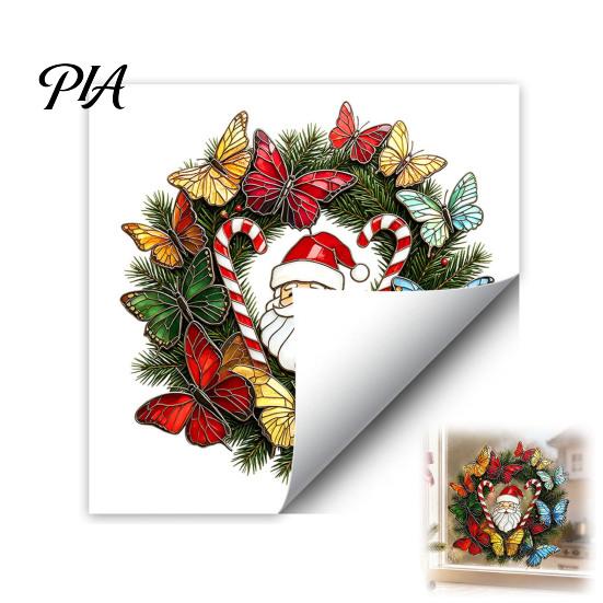 Holiday Glass Stickers Christmas Wreath Window Sticker, Stained Style, Removable Santa Butterfly Candy Waterproof PVC Static Clings Cane Decal, Cling